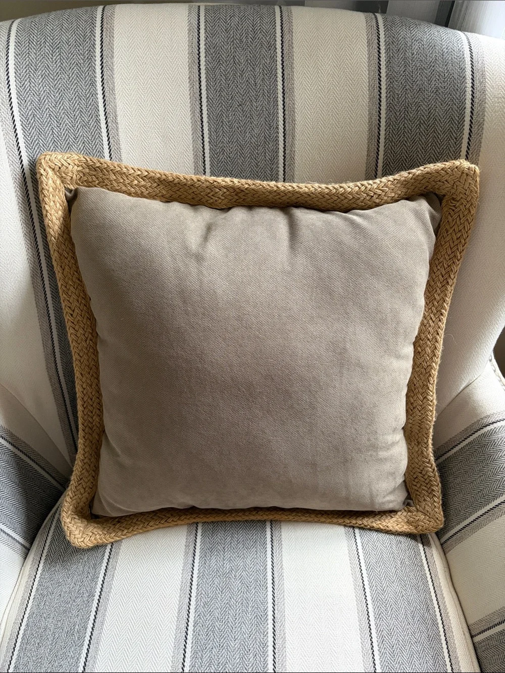Set of 2 Neutral Beige Decorative Throw Pillows with Woven Jute Trim